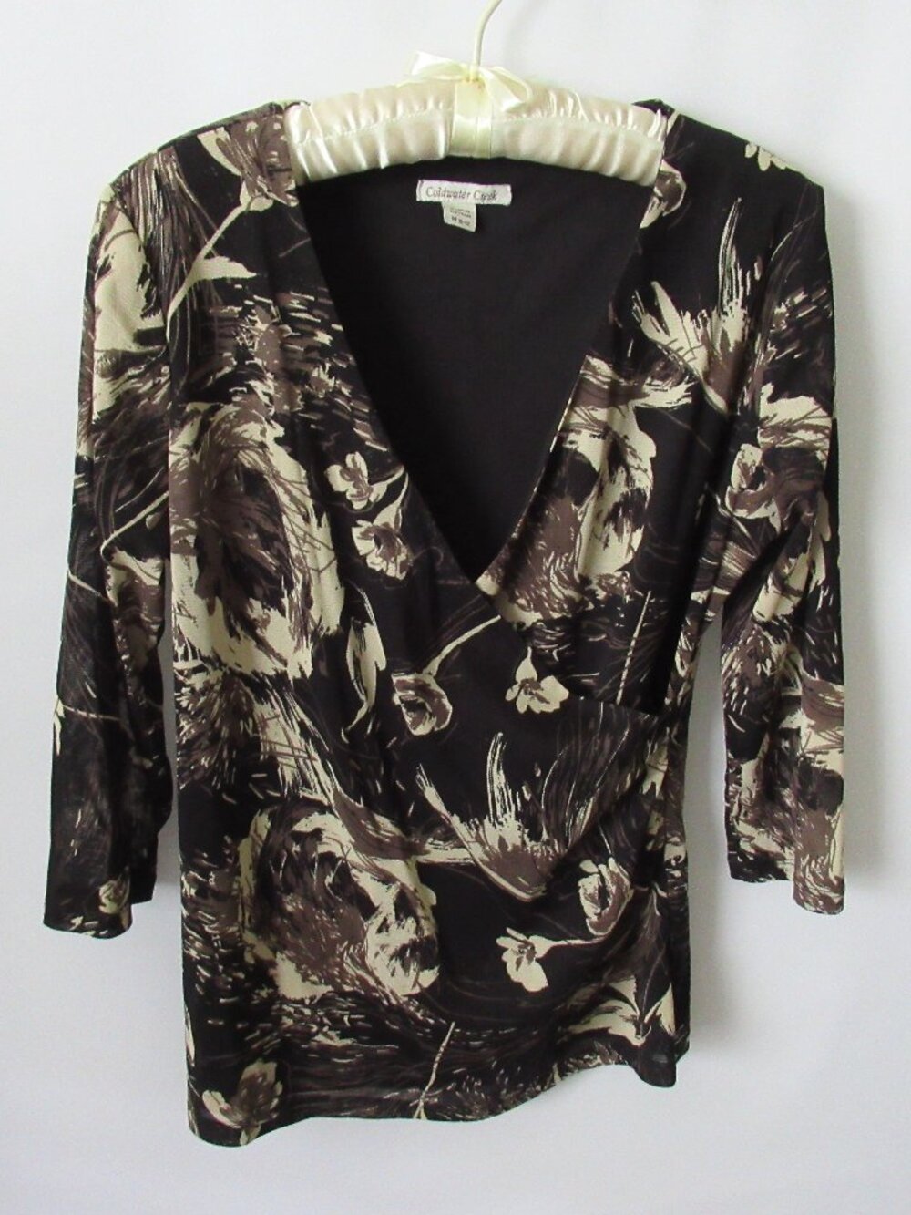 Coldwater Creek brown floral mesh crossover v-neck ruched 3/4 slv top *Sz M*